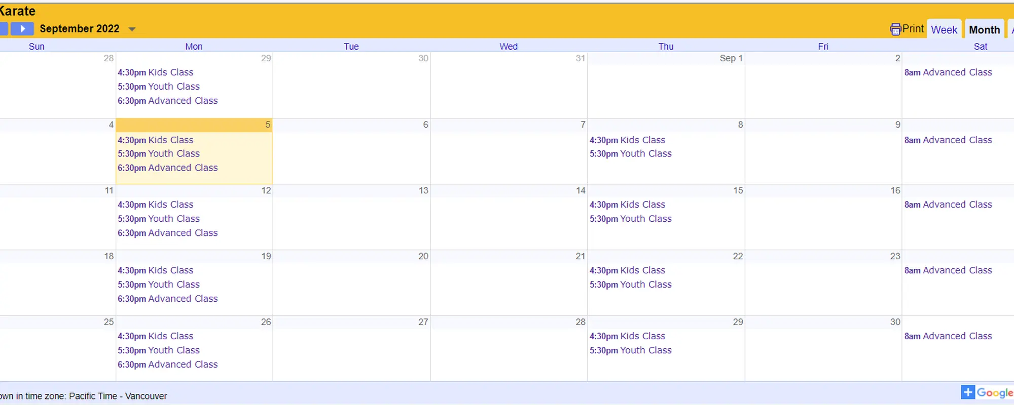 Screenshot of calendar from classes page